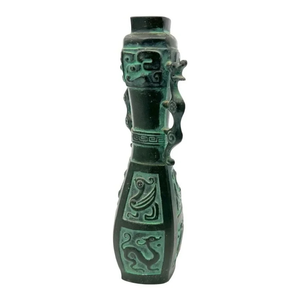 Chinese Vintage Flower Vase Kabin Ikebana Crane Zodiac Dragon Handle Talisman